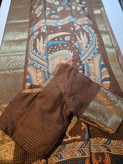 Kalamkari Prints Semi Silk Saree Coffee Brown Partywear, Buy from USA