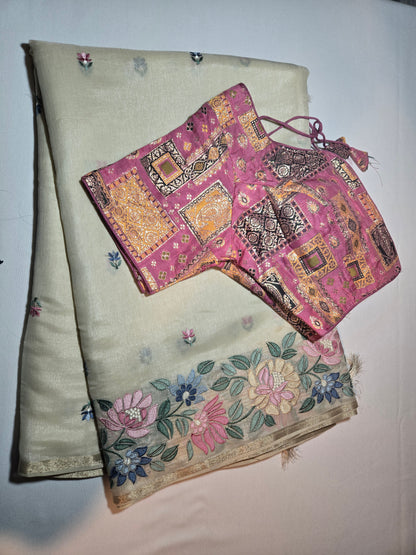 Chanderi Organza Floral Embroidery Silk Saree with Multicolor Stitched Blouse– Lightweight Festive Wear from USA