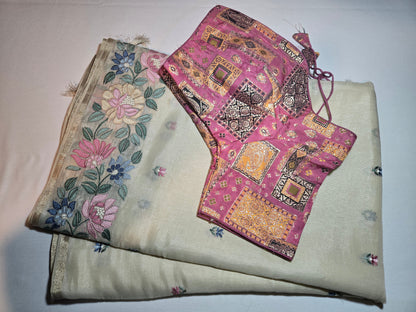 Chanderi Organza Floral Embroidery Silk Saree with Multicolor Stitched Blouse– Lightweight Festive Wear from USA