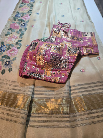 Chanderi Organza Floral Embroidery Silk Saree with Multicolor Stitched Blouse– Lightweight Festive Wear from USA