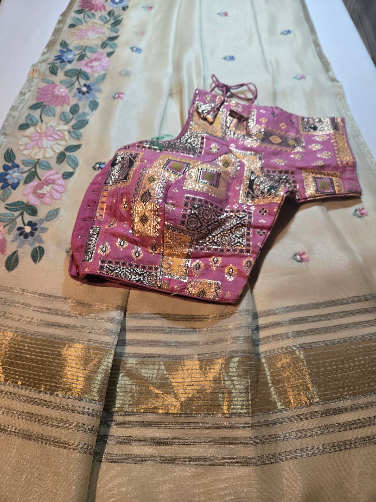 Chanderi Organza Floral Embroidery Silk Saree with Multicolor Stitched Blouse– Lightweight Festive Wear from USA