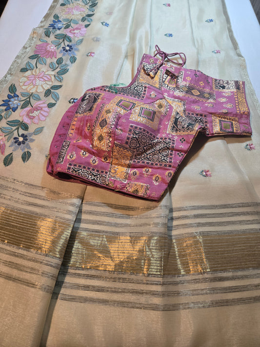Chanderi Organza Floral Embroidery Silk Saree with Multicolor Stitched Blouse– Lightweight Festive Wear from USA