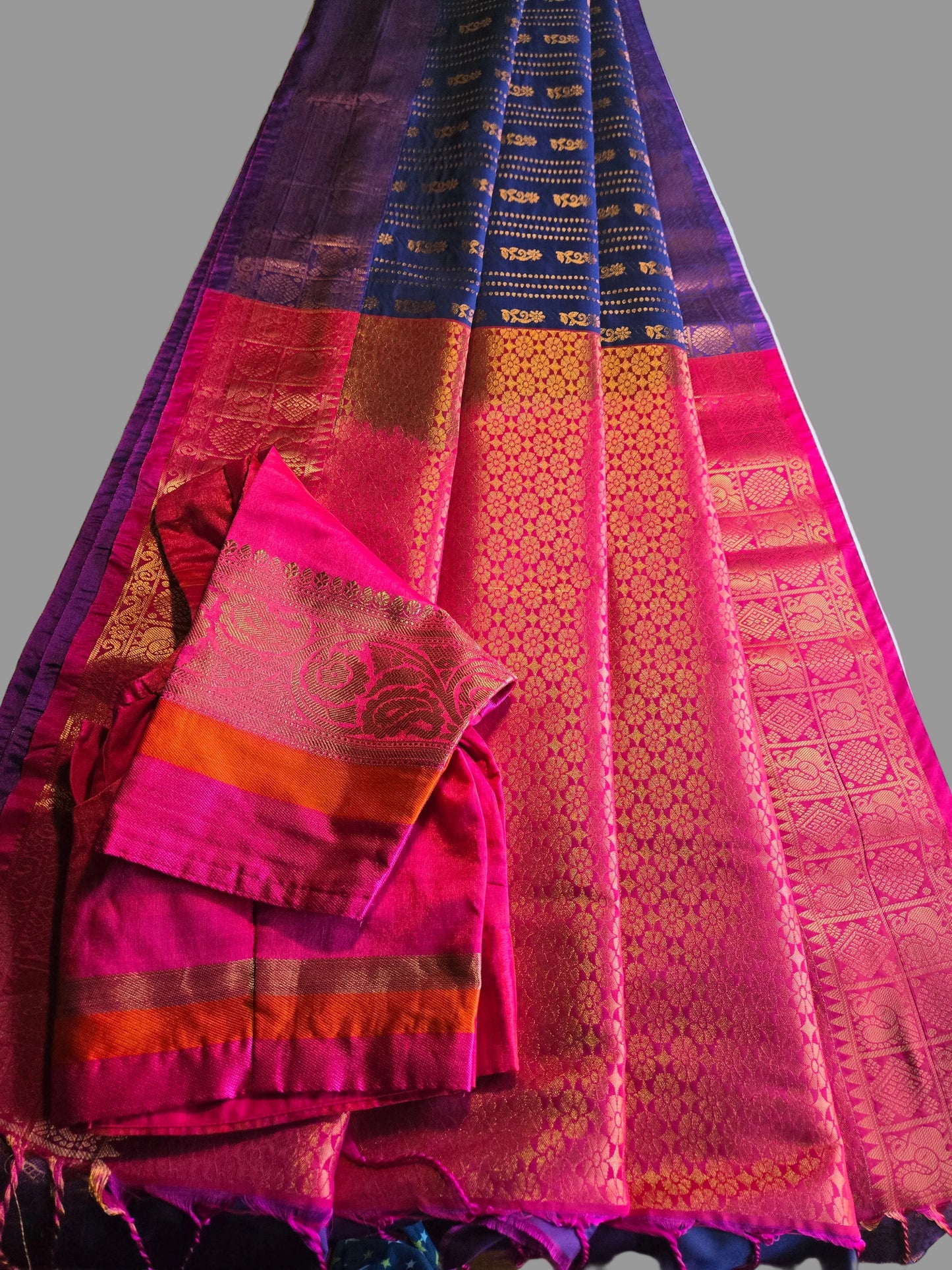 Semi Kanjeevaram Soft Silk Saree with Stitched Blouse from USA | Buttis Work & Contrast Pallu Online