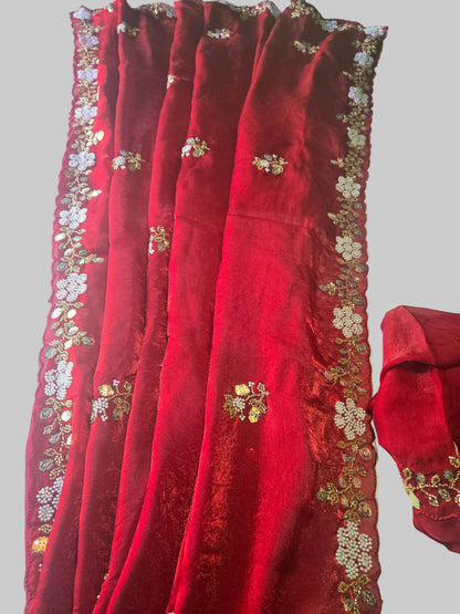 Premium Fancy Silk Saree with Sequin Brits Work & Arco Border Red– Buy from USA