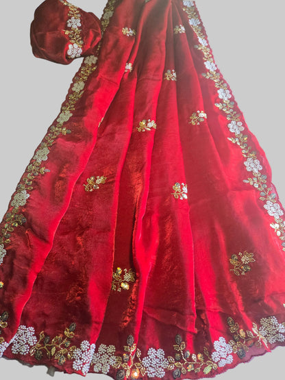 Premium Fancy Silk Saree with Sequin Brits Work & Arco Border Red– Buy from USA