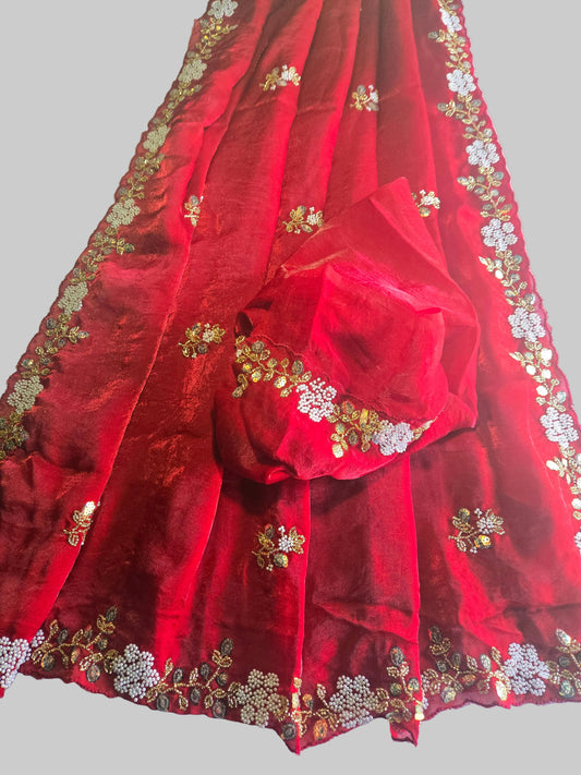 Premium Fancy Silk Saree with Sequin Brits Work & Arco Border Red– Buy from USA