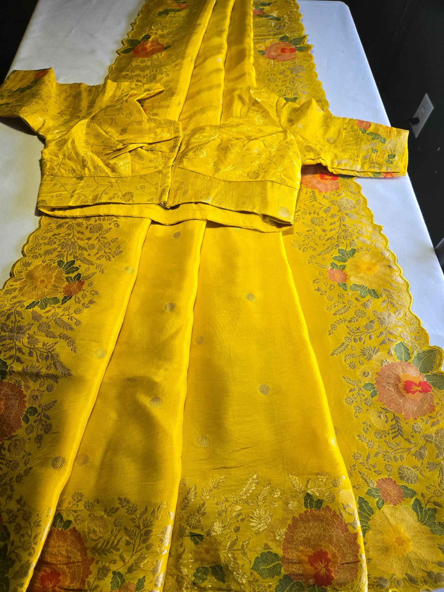 Pure Crape Silk Saree with Stitched Blouse Zari Weaving Beautiful Work Border Yellow