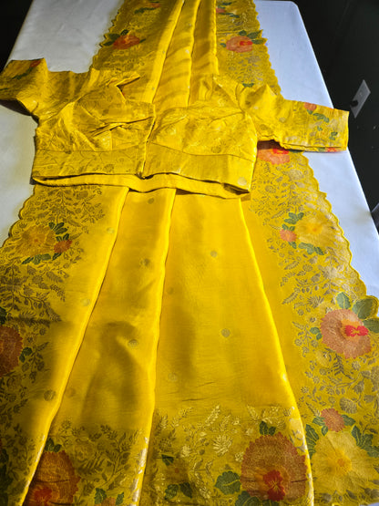 Pure Crape Silk Saree with Stitched Blouse Zari Weaving Beautiful Work Border Yellow