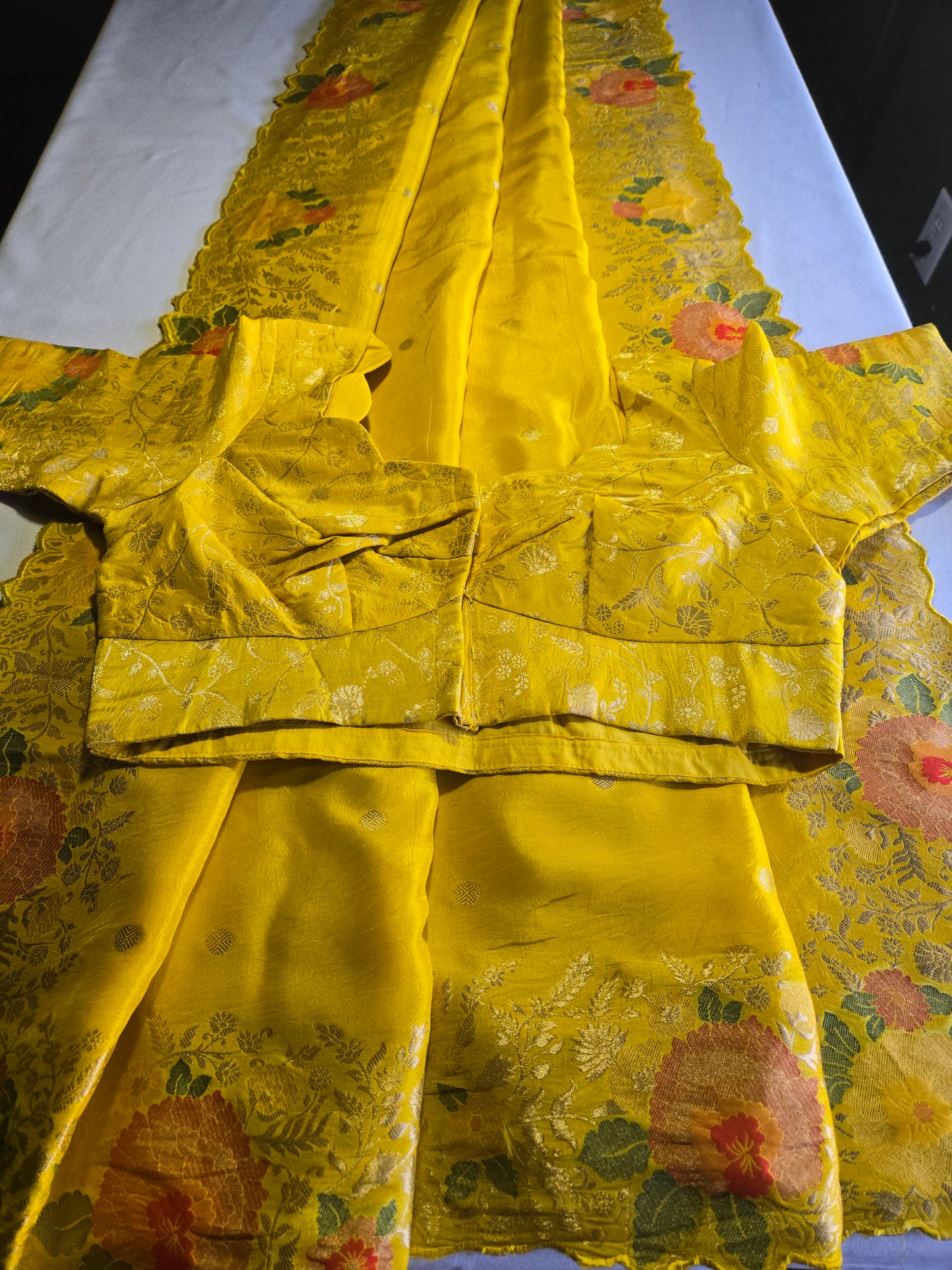 Pure Crape Silk Saree with Stitched Blouse Zari Weaving Beautiful Work Border Yellow