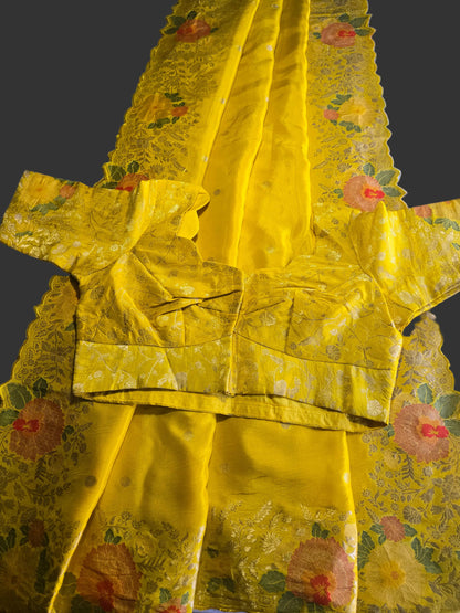 Pure Crape Silk Saree with Stitched Blouse Zari Weaving Beautiful Work Border Yellow