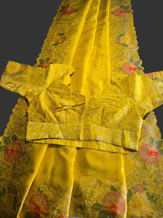 Pure Crape Silk Saree with Stitched Blouse Zari Weaving Beautiful Work Border Yellow