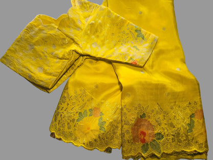 Yellow Pure Silk saree with stitched blouse from USA