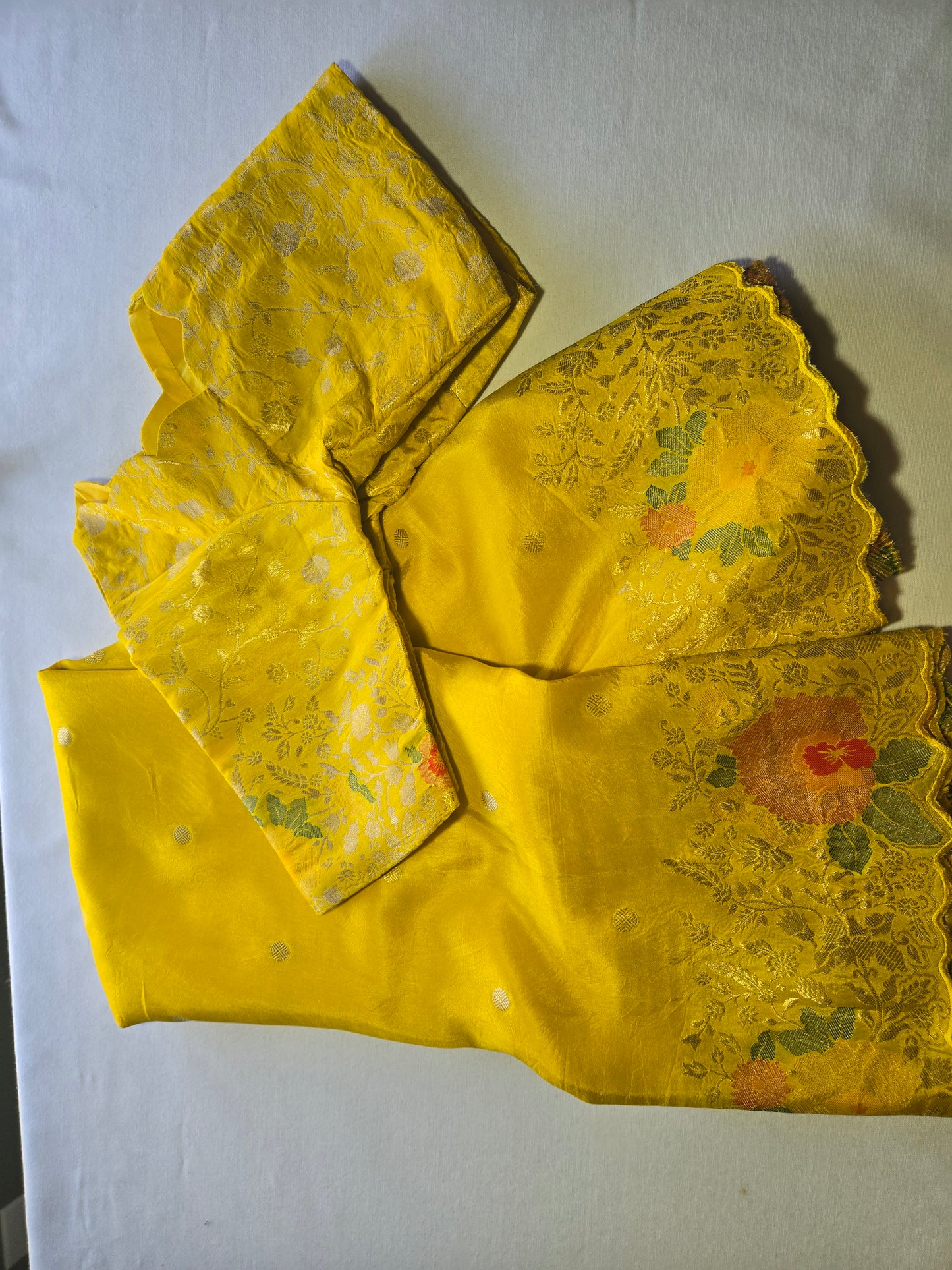 Pure Crape Silk Saree with Stitched Blouse Zari Weaving Beautiful Work Border Yellow