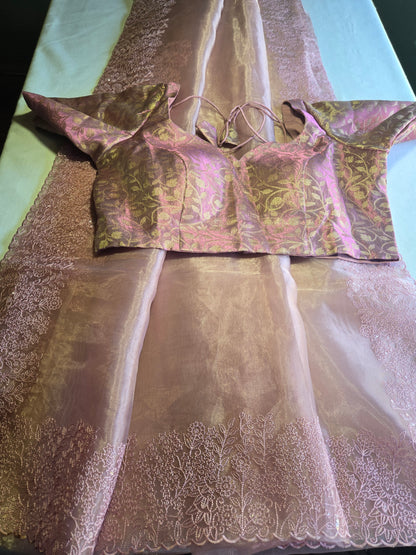 Exclusive Embroidered Pure Organza Saree with an extra stitched blouse buy from USA with Threadwork Border & Matching Blouse – Lightweight & Elegant