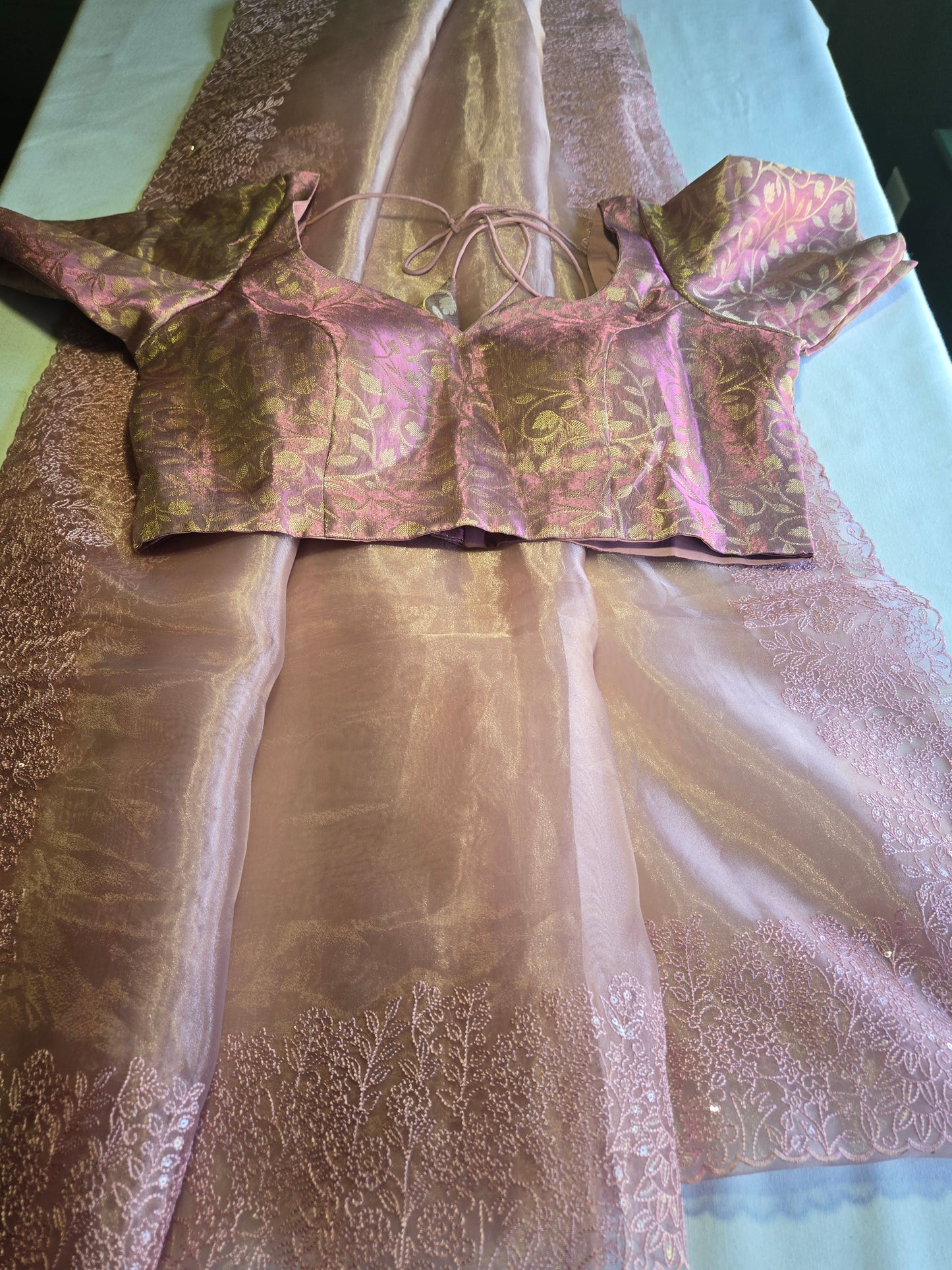 Exclusive Embroidered Pure Organza Saree with an extra stitched blouse buy from USA with Threadwork Border & Matching Blouse – Lightweight & Elegant