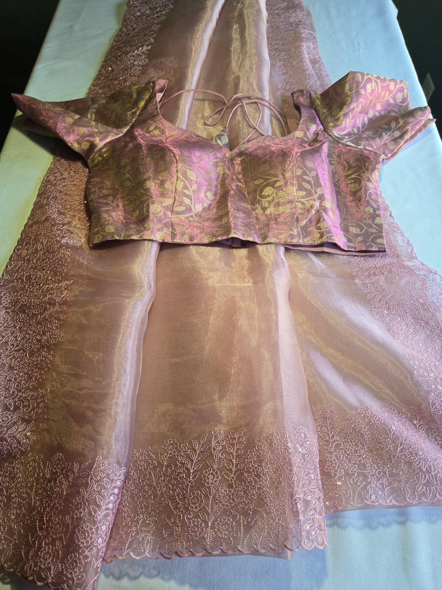 Exclusive Embroidered Pure Organza Saree with an extra stitched blouse buy from USA with Threadwork Border & Matching Blouse – Lightweight & Elegant