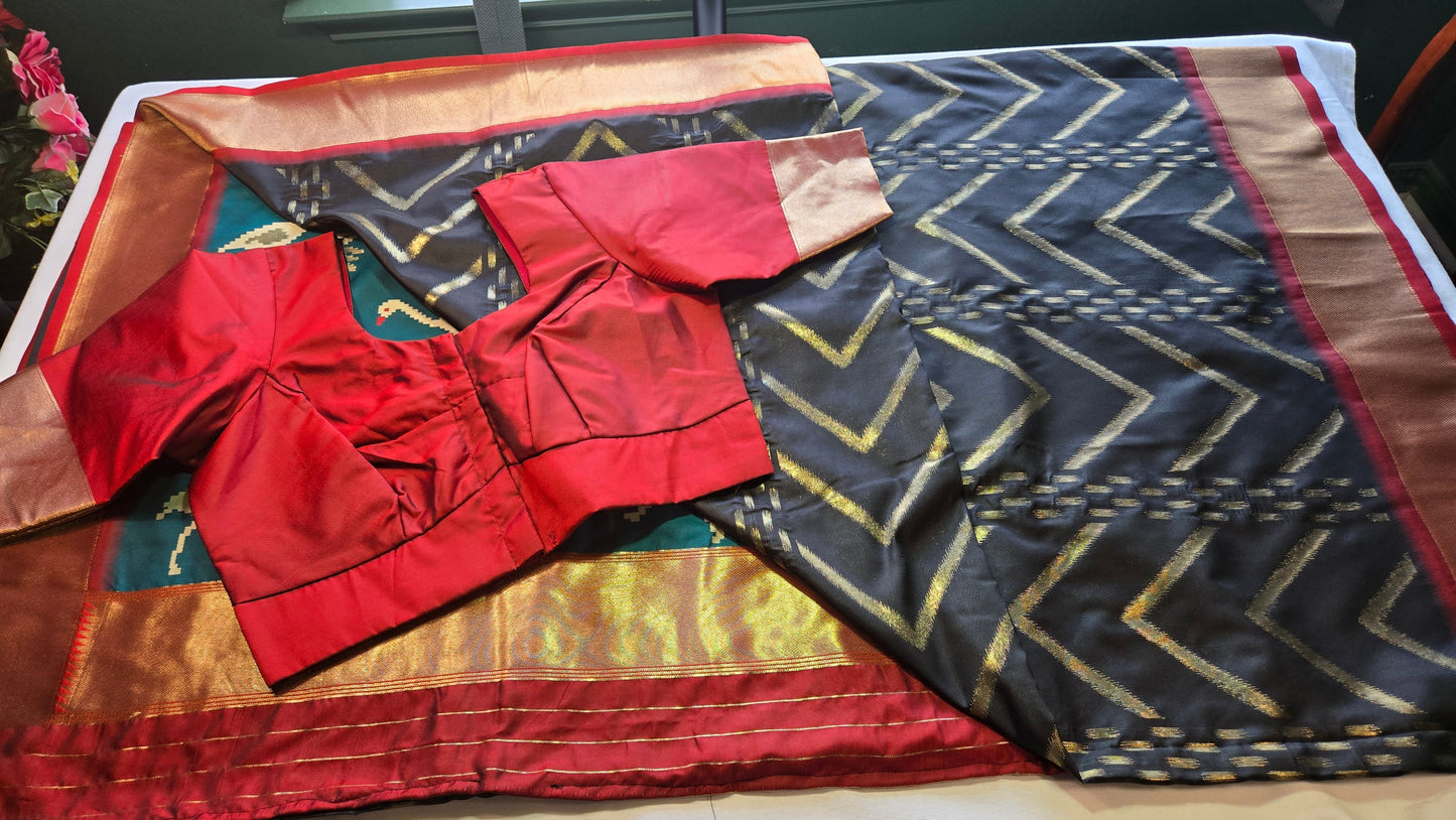 Zari Design Soft Silk Saree with embroidery stitched blouse.  Weaving Pallu – Ships from USA – Traditional Silk Saree for Weddings & Festivals- Black Saree