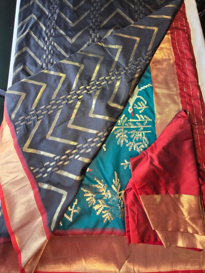 Zari Design Soft Silk Saree with embroidery stitched blouse.  Weaving Pallu – Ships from USA – Traditional Silk Saree for Weddings & Festivals- Black Saree