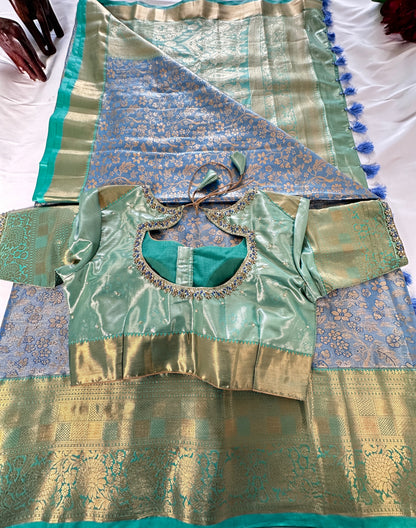 Kanjeevaram Semi Silk Saree with stitched maggam work blouse Blue