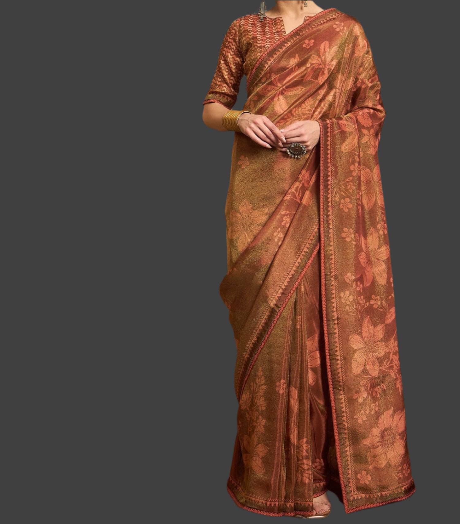 Tissue Saree Viscose Print Gold Color