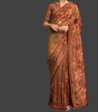 Tissue Saree Viscose Print Gold Color