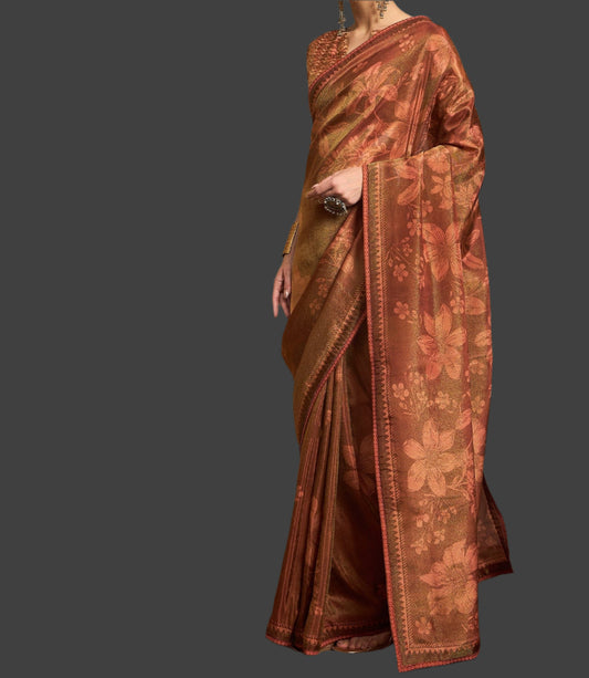 Tissue Saree Viscose Print Gold Color