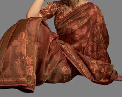 Tissue Saree Viscose Print Gold Color