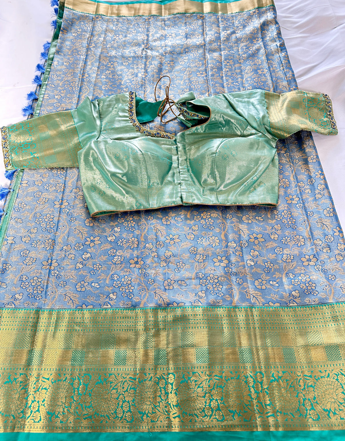 Kanjeevaram Semi Silk Saree with stitched maggam work blouse Blue