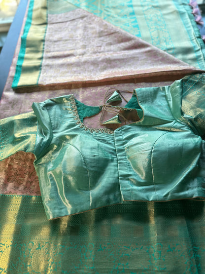 Kanjeevaram Semi Silk Saree with stitched maggam work blouse Peach