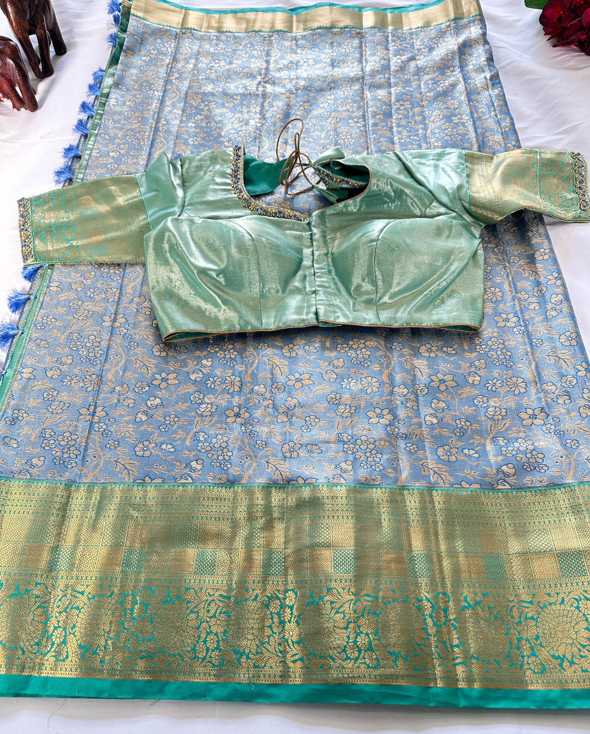 Kanjeevaram Semi Silk Saree with stitched maggam work blouse Blue