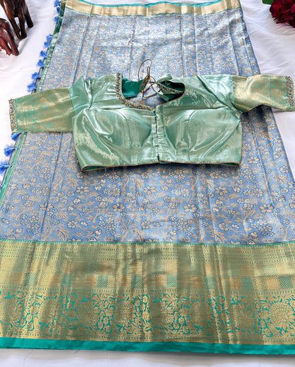 Kanjeevaram Semi Silk Saree with stitched maggam work blouse Blue