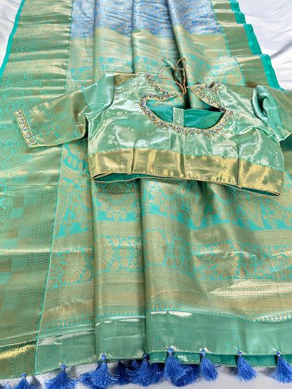 Kanjeevaram Semi Silk Saree with stitched maggam work blouse Blue