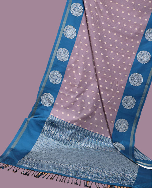 Katan Silk Saree with Small Buttas, Contrast Bentex Border & Rich Woven Pallu – Printed Blouse Mauve Color