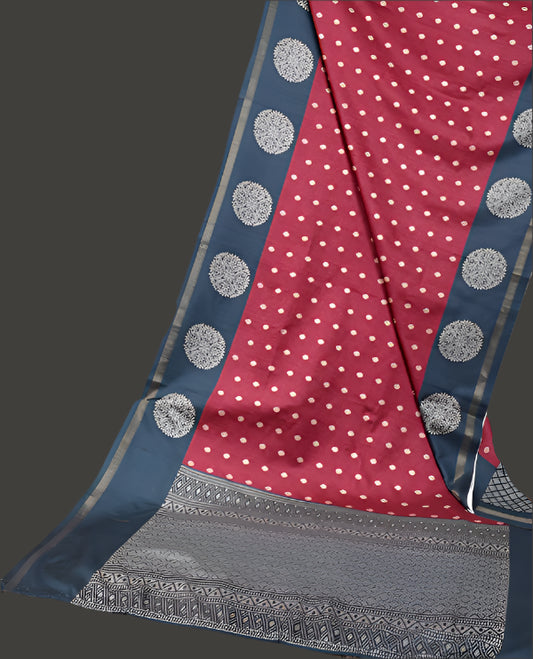 Katan Silk Saree with Small Buttas Magenta Color, Contrast Bentex Border & Rich Woven Pallu – Printed Blouse