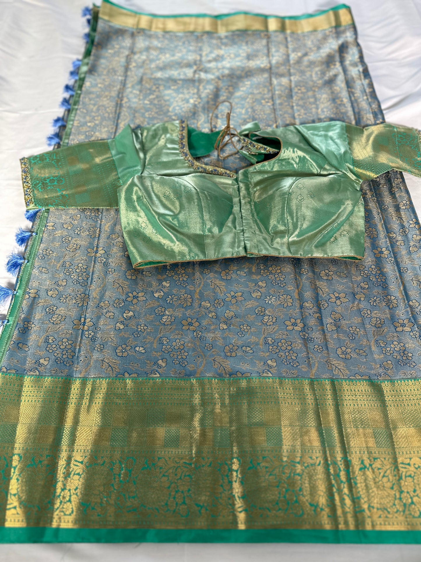 Kanjeevaram Semi Silk Saree with stitched maggam work blouse Blue