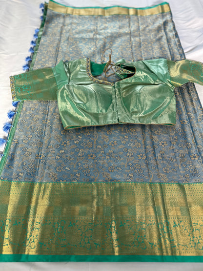 Kanjeevaram Semi Silk Saree with stitched maggam work blouse Blue