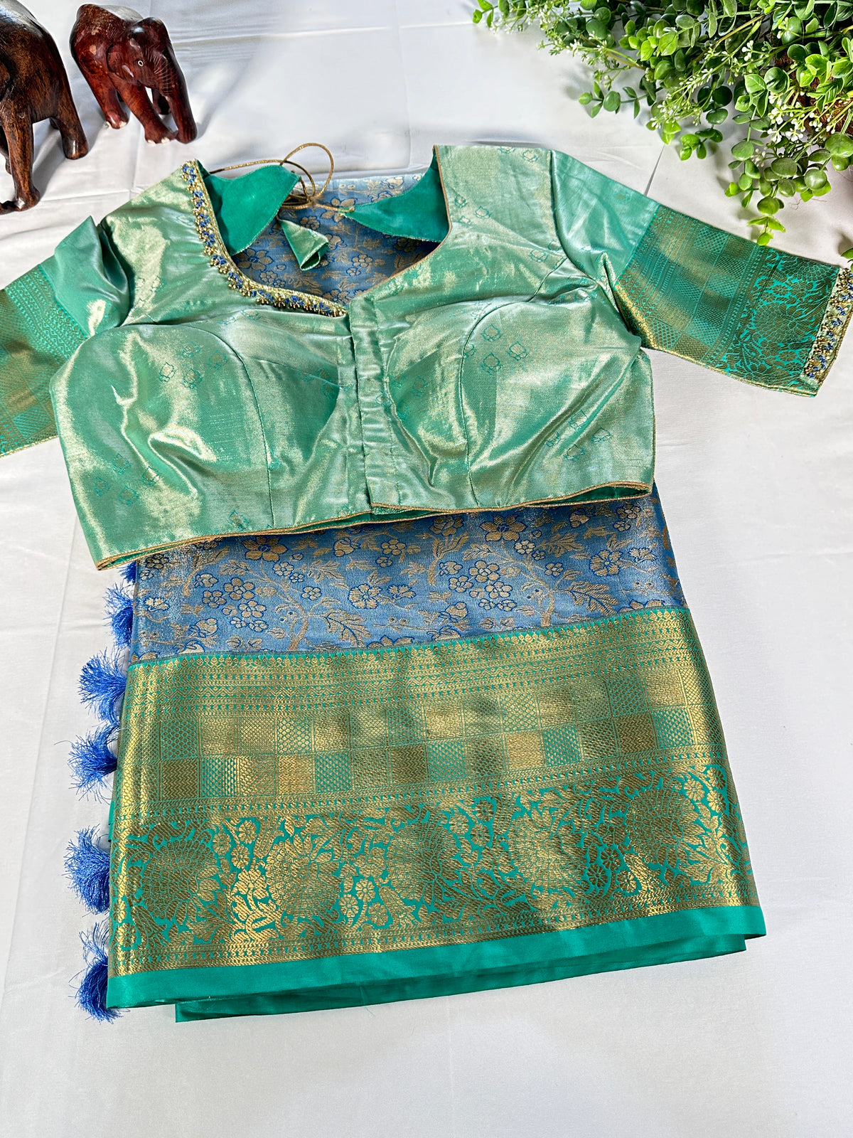Kanjeevaram Semi Silk Saree with stitched maggam work blouse Blue