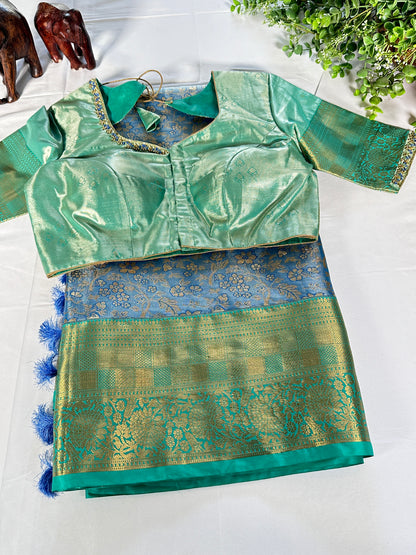 Kanjeevaram Semi Silk Saree with stitched maggam work blouse Blue