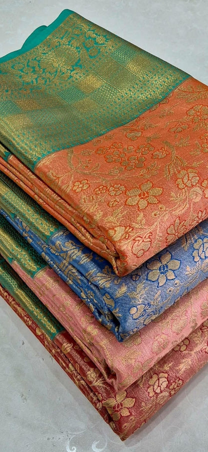 Kanjeevaram Semi Silk Saree with stitched maggam work blouse Blue