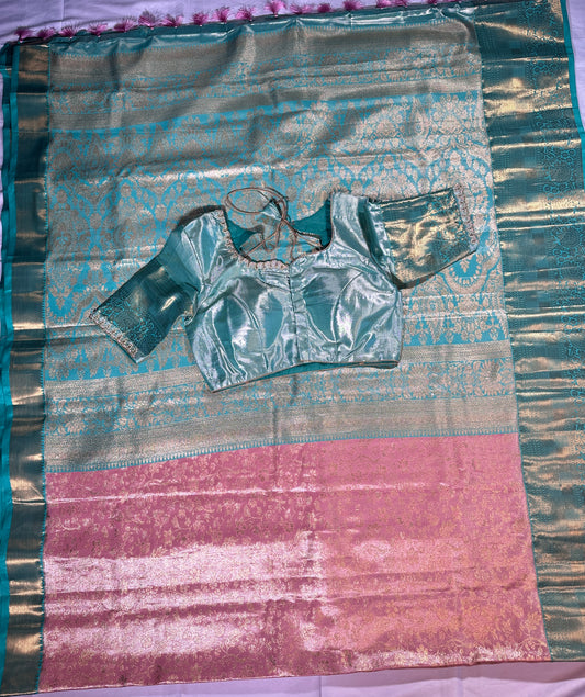 Kanjeevaram Semi Silk Saree with stitched maggam work blouse Peach