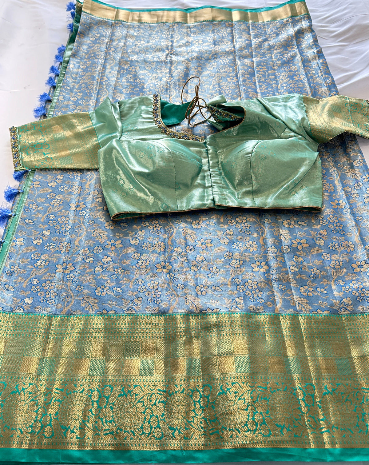 Kanjeevaram Semi Silk Saree with stitched maggam work blouse Blue