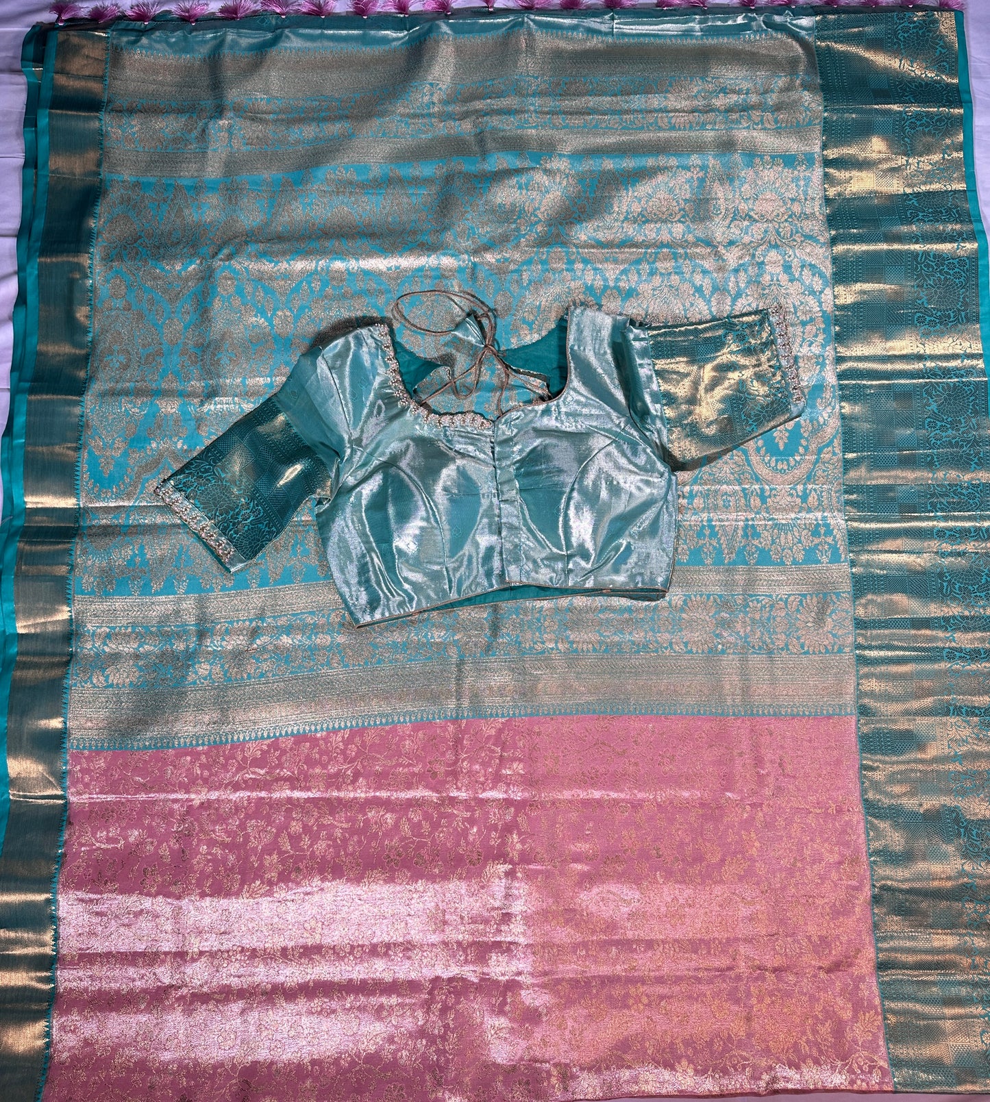 Kanjeevaram Semi Silk Saree with stitched maggam work blouse Peach