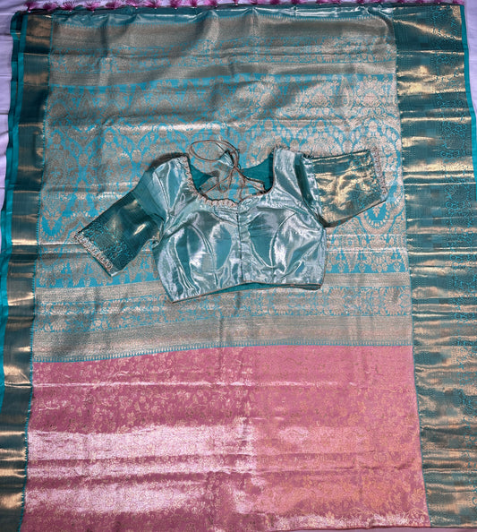 Kanjeevaram Semi Silk Saree with stitched maggam work blouse Peach
