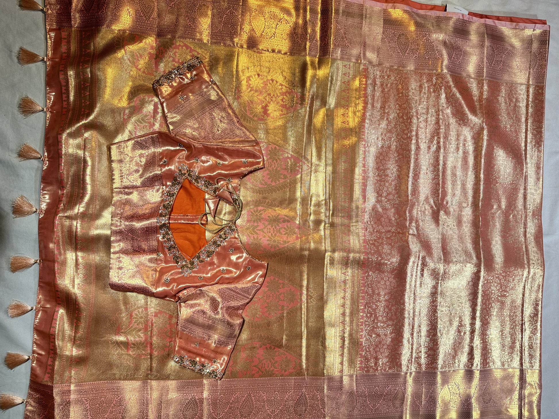 Kanjivaram semi silk saree with maggam work louse pastel shade