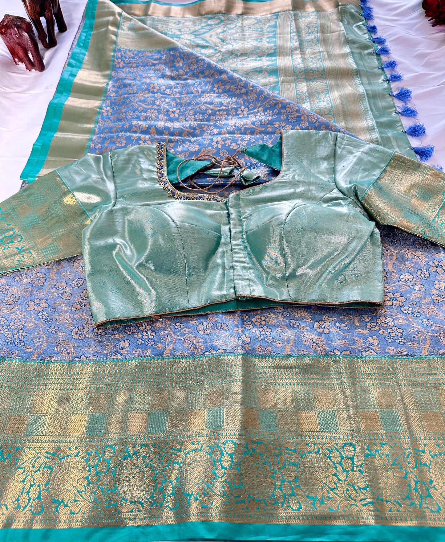 Kanjeevaram Semi Silk Saree with stitched maggam work blouse Blue