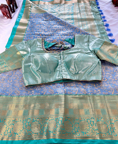 Kanjeevaram Semi Silk Saree with stitched maggam work blouse Blue