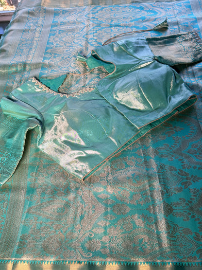 Kanjeevaram Semi Silk Saree with stitched maggam work blouse Peach