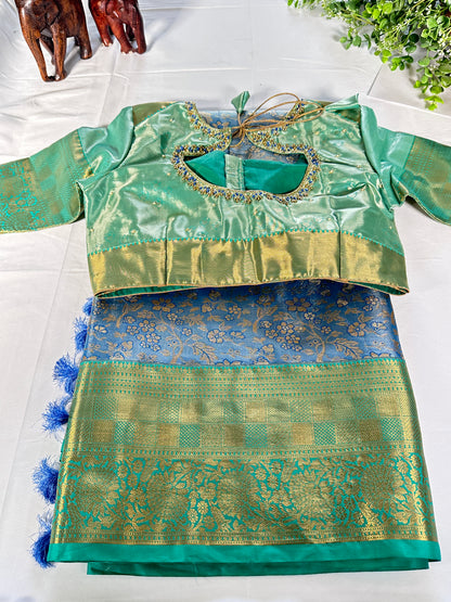 Kanjeevaram Semi Silk Saree with stitched maggam work blouse Blue