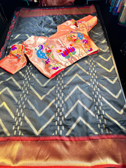 Soft Silk Banarasi Saree with Zari Design & Embroidery Stitched Blouse. Weaving Pallu – Ships from USA – Traditional Silk Saree for Weddings & Festivals-Red Saree