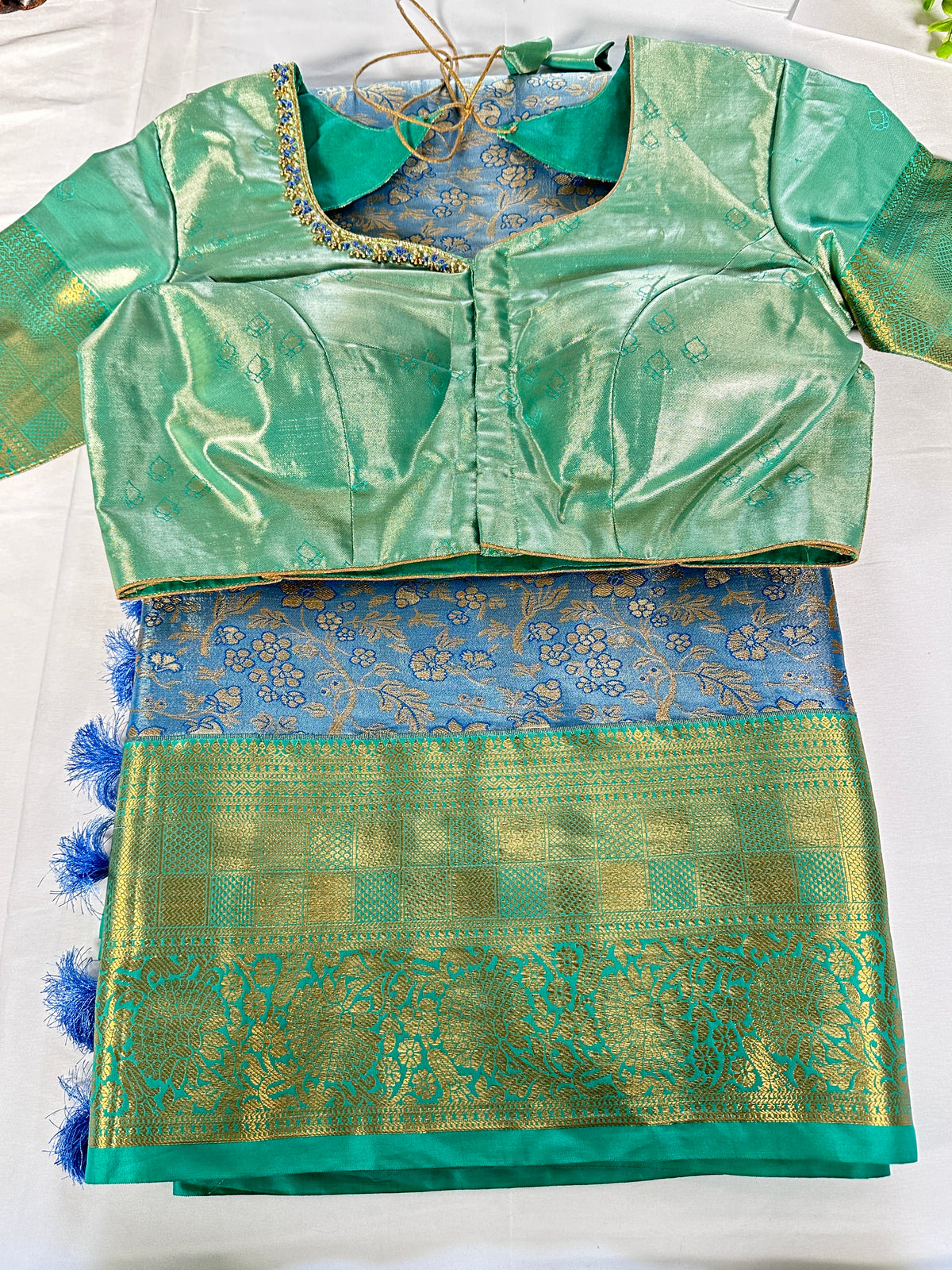 Kanjeevaram Semi Silk Saree with stitched maggam work blouse Blue